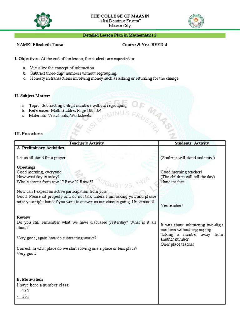 Subtraction 3 Digit Number Without Regrouping I Pdf Subtraction