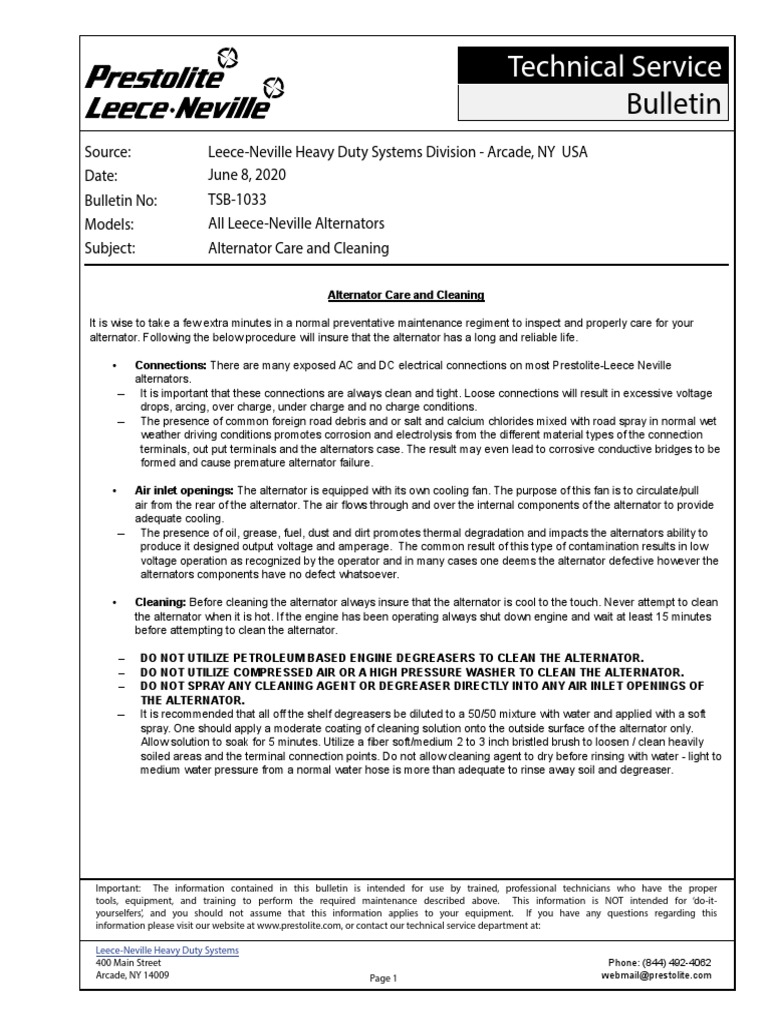 BLD3314HC TSB1033 Alternator Care and Cleaning PDF Corrosion Road
