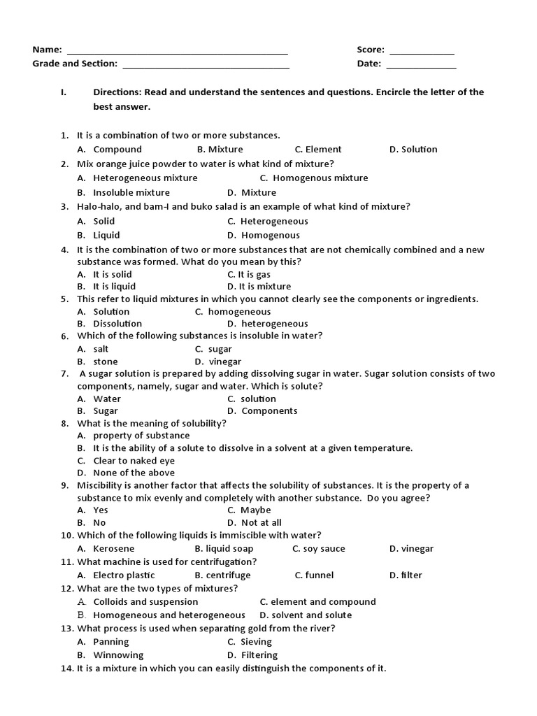 Grade 3-6 Mixture and Solubility Test | PDF | Mixture | Solubility