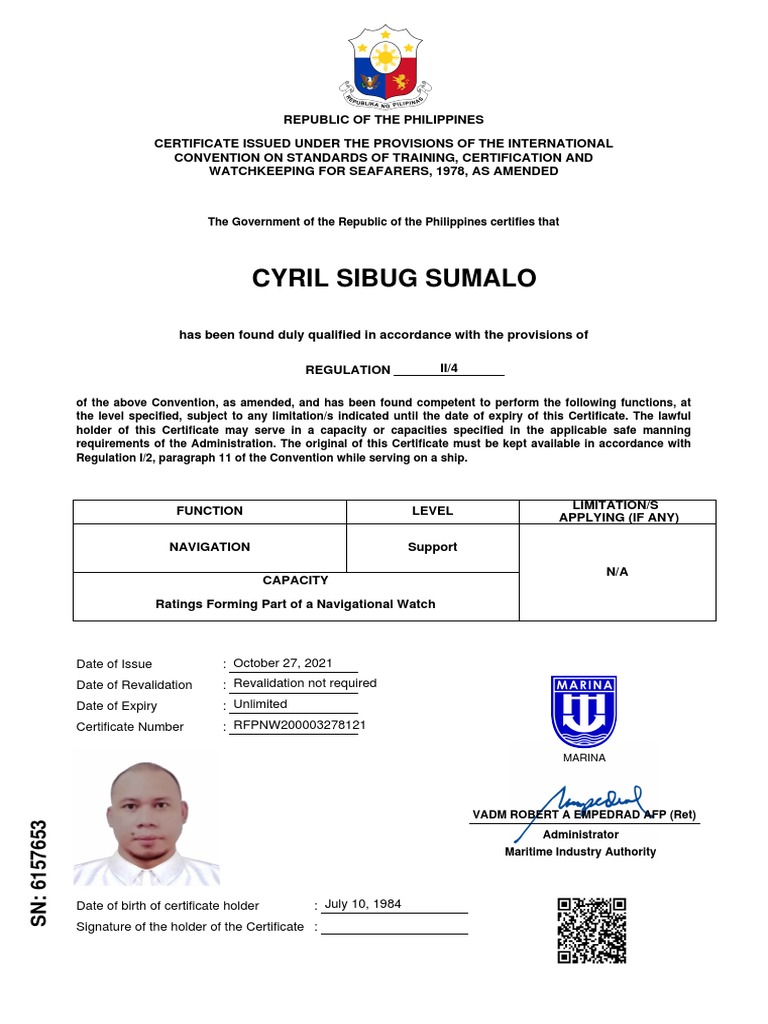 Certification of Qualification for Cyril Sibug Sumalo as a Rating
