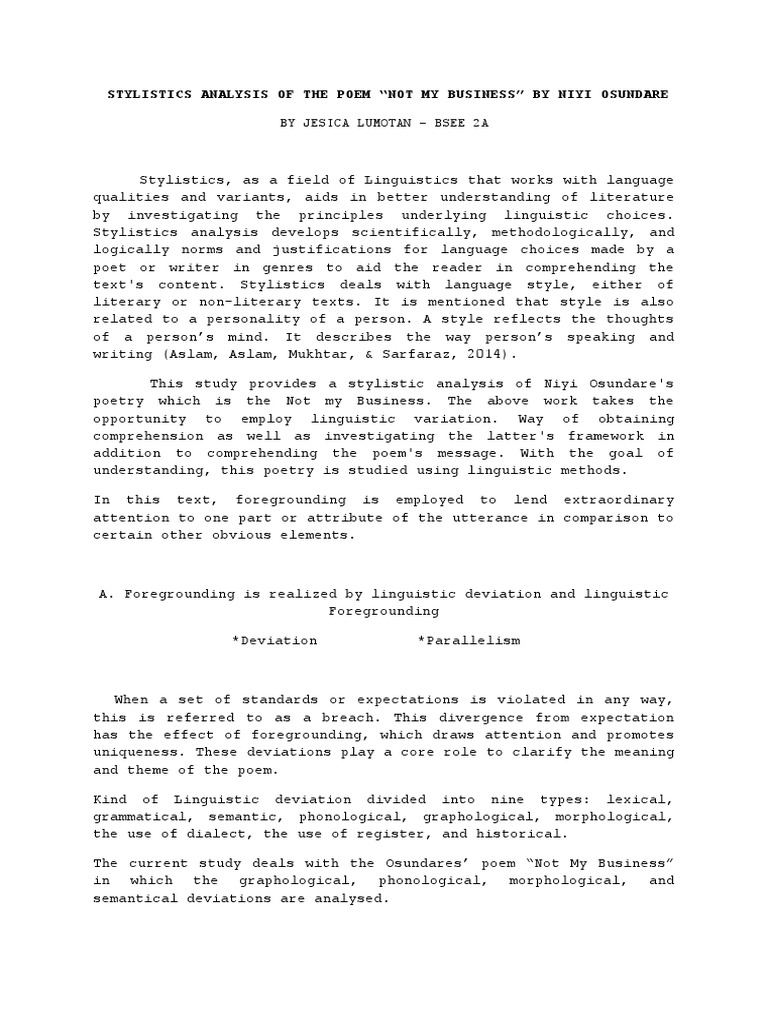 Stylistics Analysis of The Poem | PDF | Poetry | Linguistics