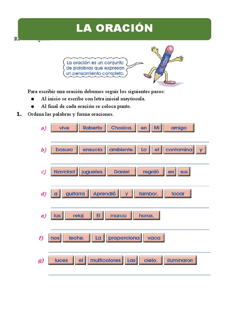 Ejercicios de Oraciones para Niños | PDF | Artes del Lenguaje y ...