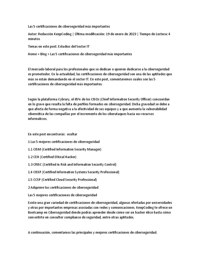 5 Certificaciones Clave en Ciberseguridad | PDF | La seguridad ...
