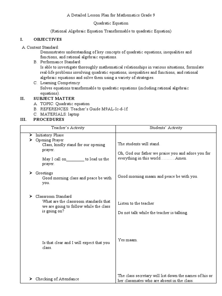 Grade 9 Quadratic Equations Lesson | PDF | Equations | Lesson Plan
