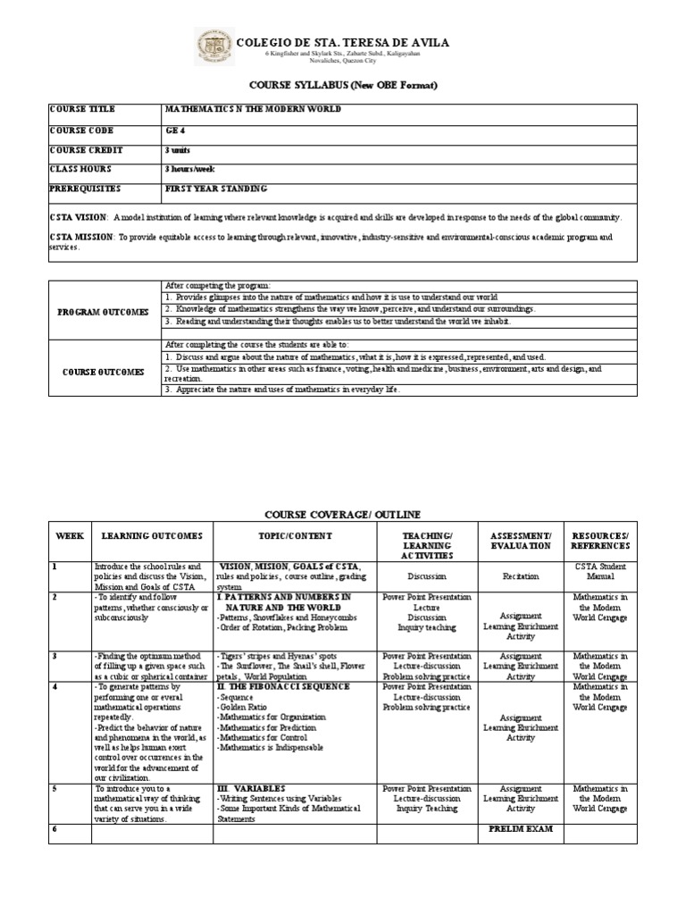 Math In The Modern World Syllabus Pdf Set Mathematics Logic
