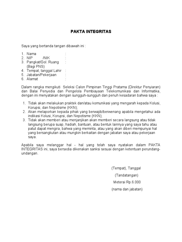 Contoh Pakta Integritas PNS dan PPPK | PDF