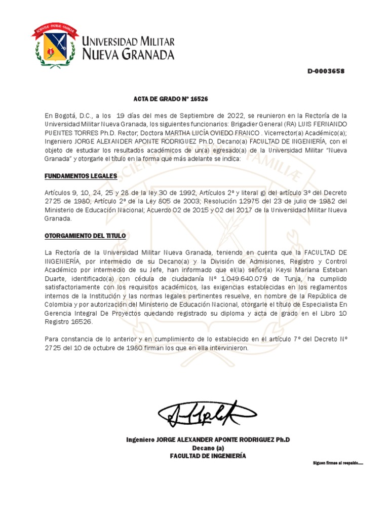 Acta de Grado UMNG 16526 | PDF | Derecho