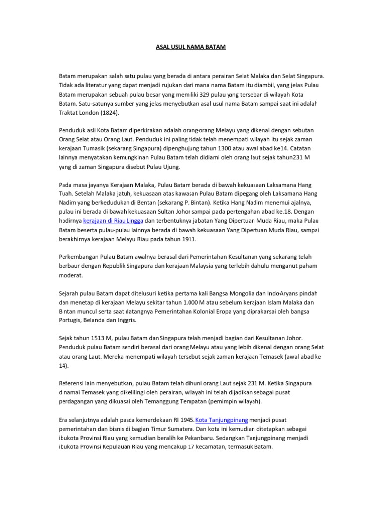 Asal Usul Nama Batam