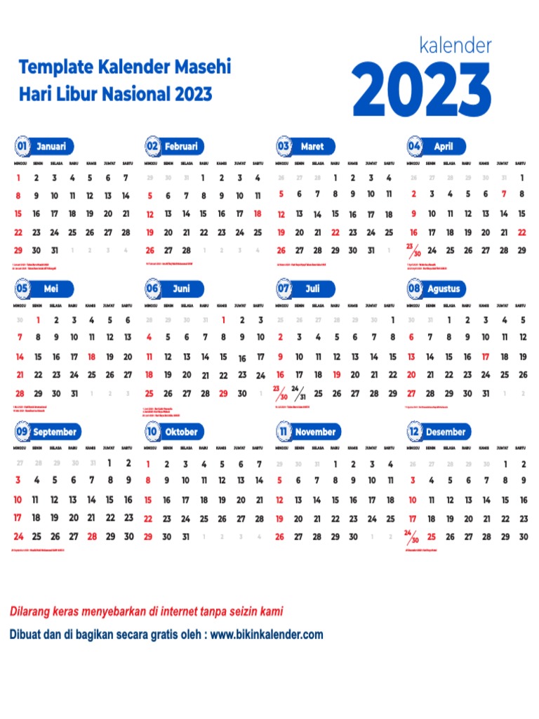 Template Kalender Masehi Hari Libur Nasional 2023 Dibuat Oleh ...