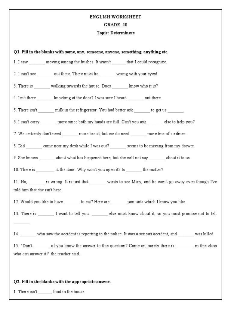 Determiners Worksheet Grade 10 PDF