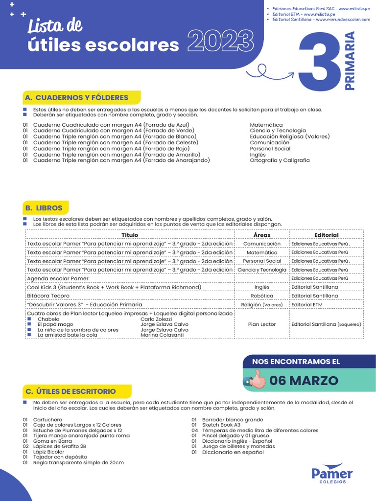 Lista de útiles escolares para el tercer grado de primaria | PDF