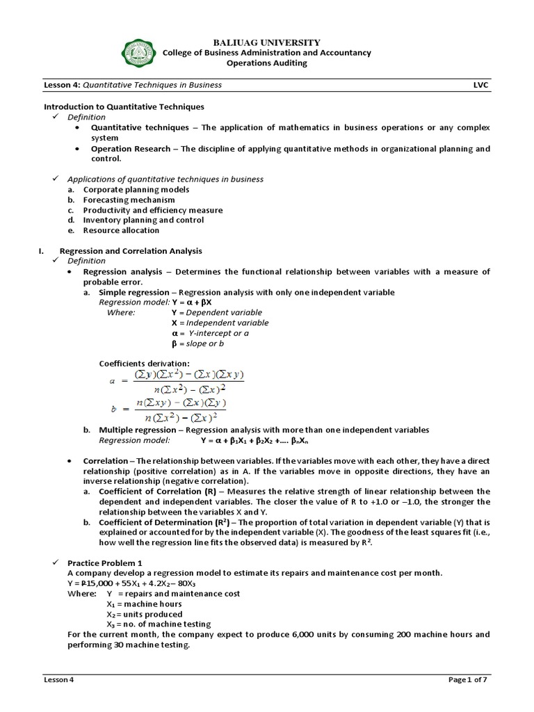 Lesson 4-Quantitative Techniques | PDF | Linear Regression | Linear ...