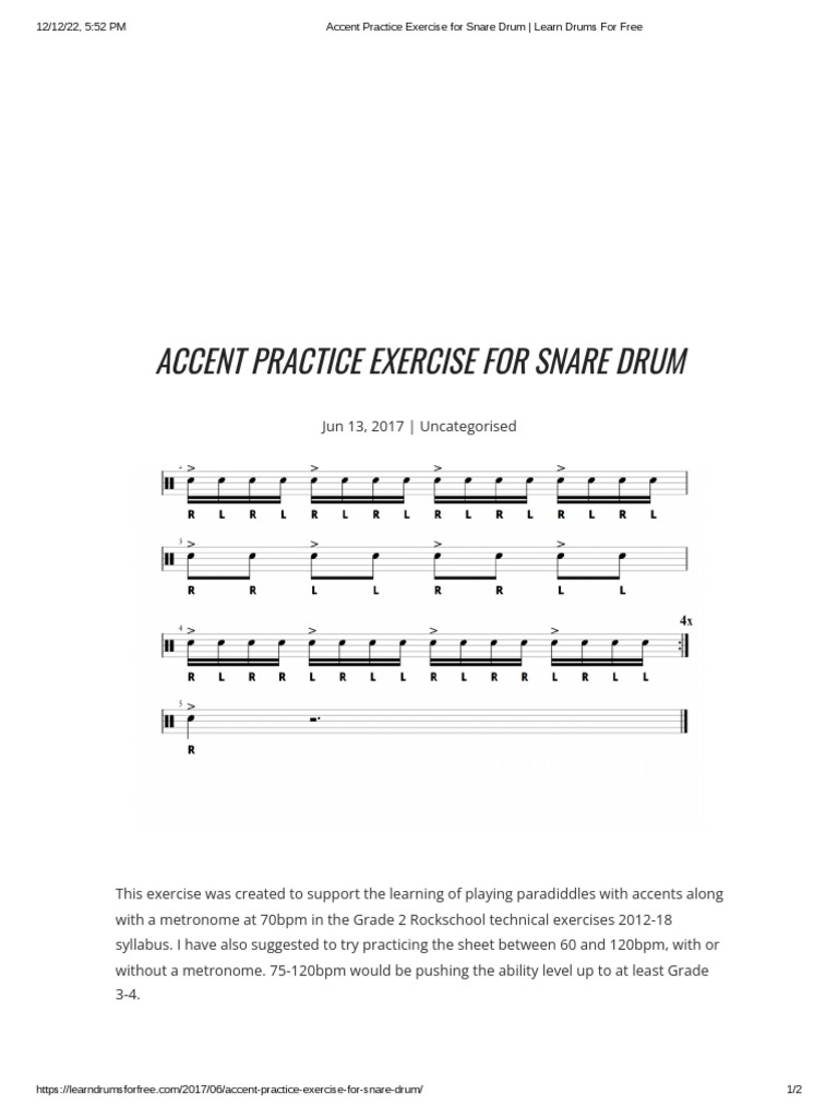 Snare Drum Accent Practice Exercise | PDF | Drum Kit | Performing Arts