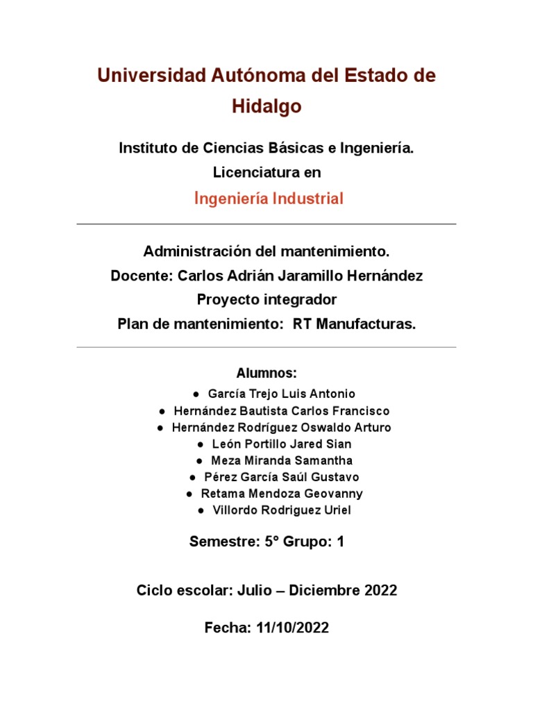 Proyecto Integrador RT Manufacturas | PDF | Ingeniería de confiabilidad ...