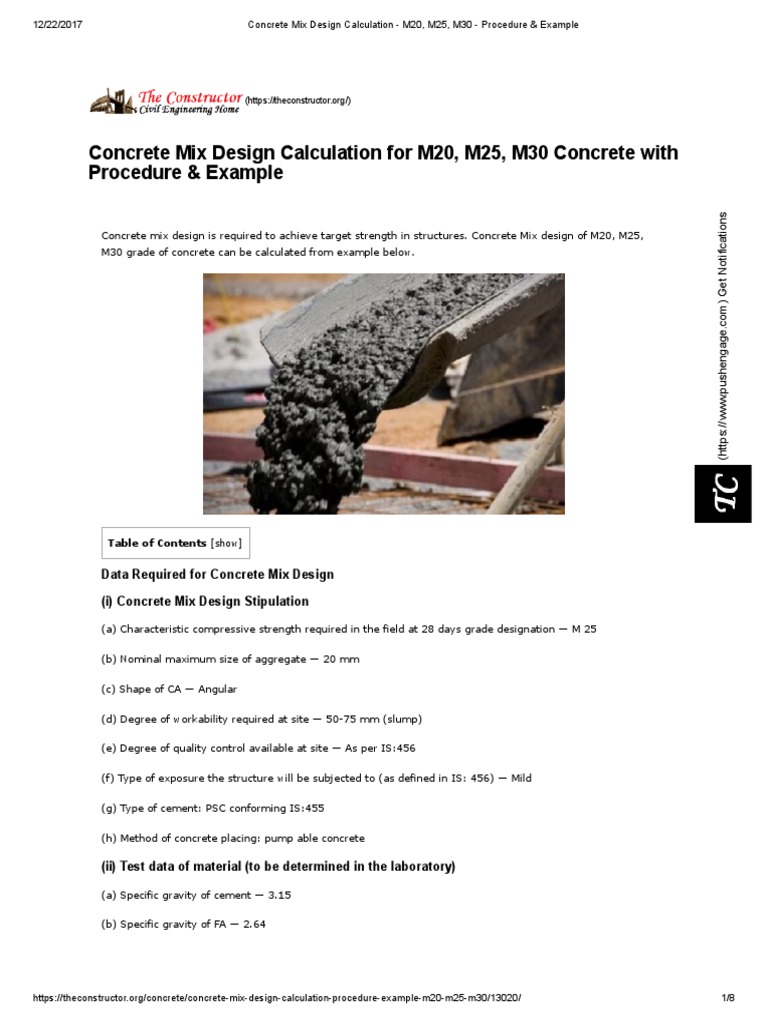 Concrete Mix Design Calculation M20, M25, M30 Procedure & Example