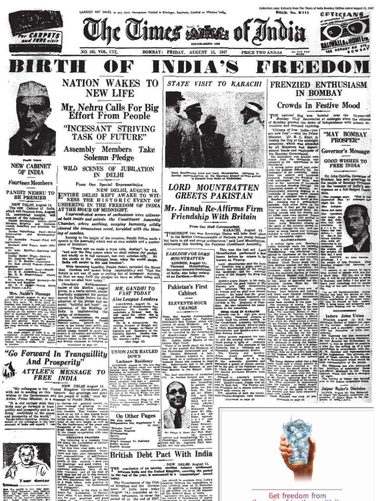 Times of India 15 August 1947 Newspaper PDF Business
