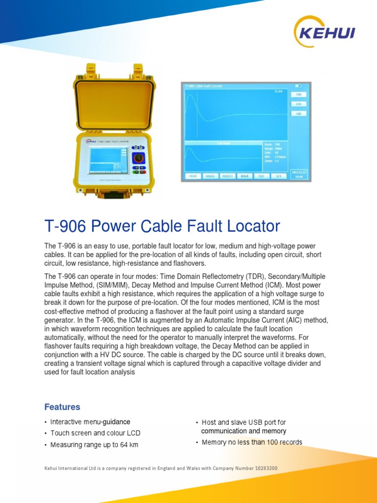 T906 Power Cable Fault Locator Features PDF Electricity