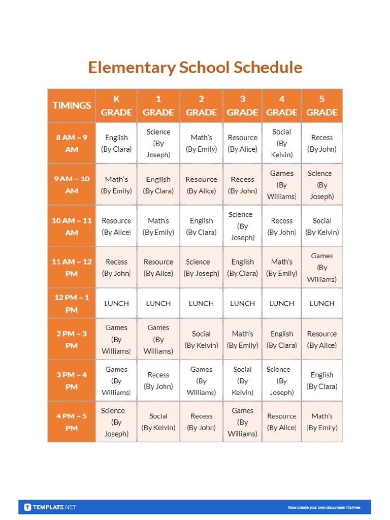 Free Sample Elementary School Schedule Template PDF
