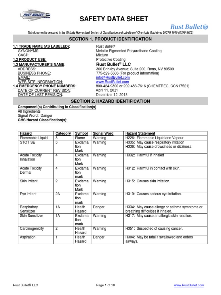 Rust Bullet SDS Rev 041121dc 1 1 PDF Dangerous Goods Firefighting