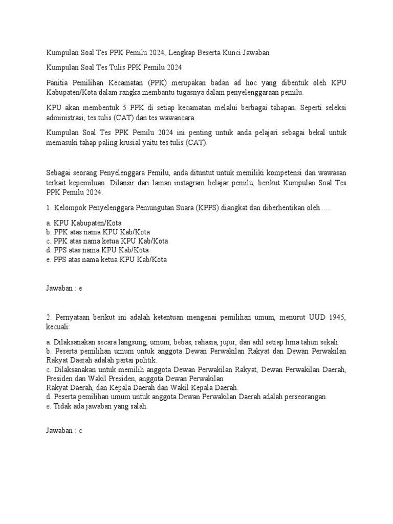 Kumpulan Soal Tes PPK Pemilu 2024 PDF