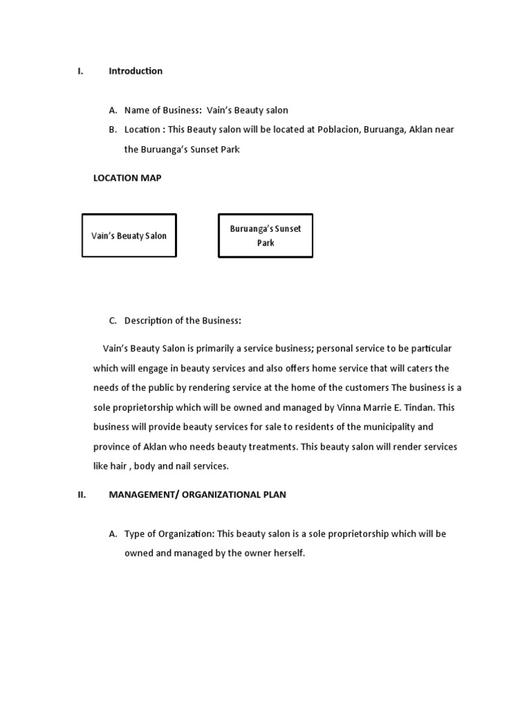 Vain's Beauty Salon A Business Plan for a Sole Proprietorship
