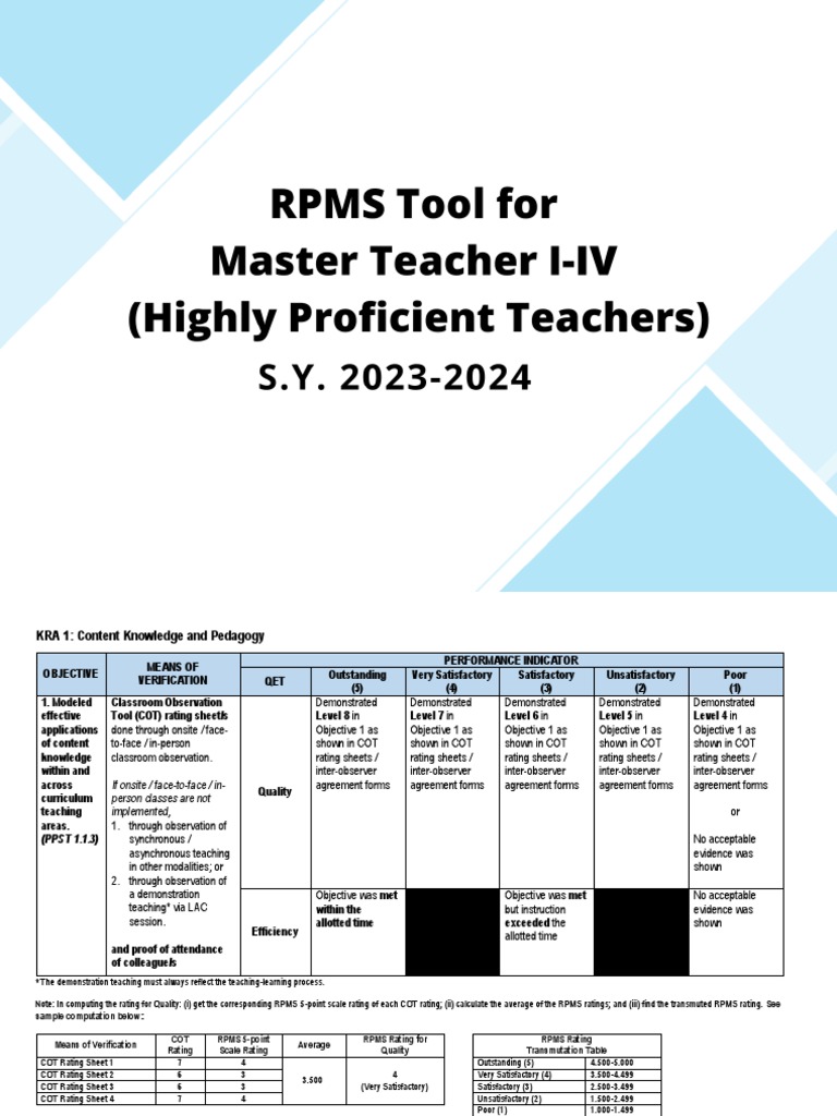 RPMS Tool 2023-2024 for Highly Proficient Teachers | PDF | Mentorship ...