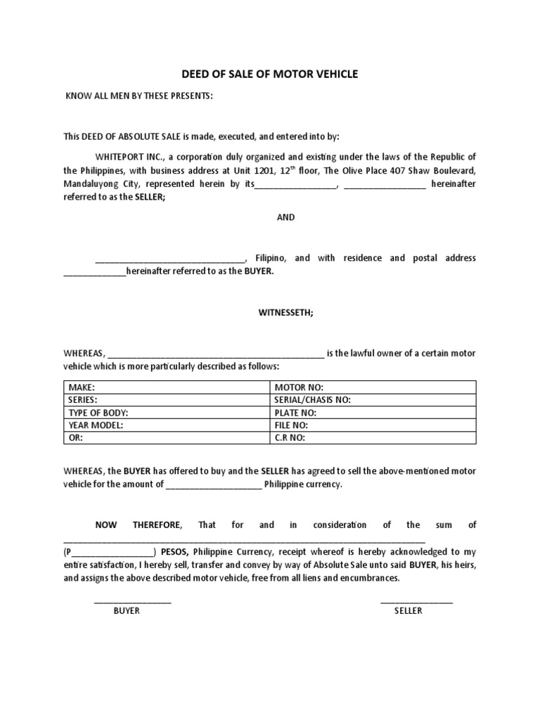 Deed of Sale of Motor Vehicle | PDF | Finance & Money Management | Law