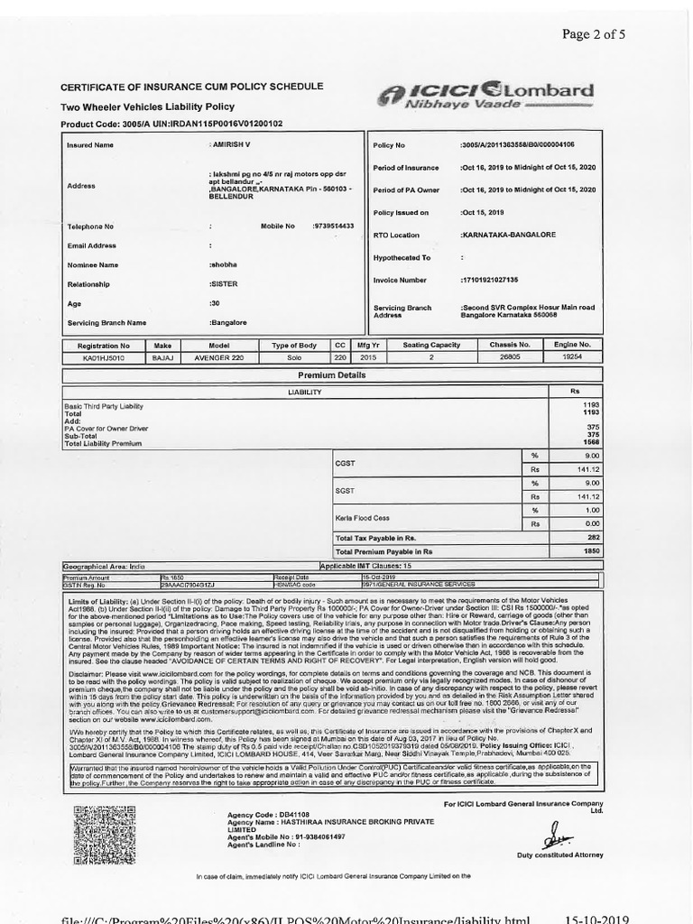 Bike Insurance and Emission Certificate PDF