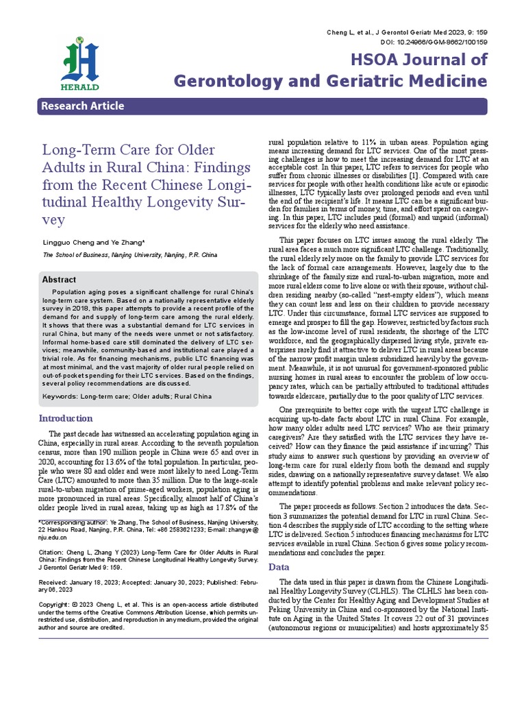 Long Term Care For Older Adults in Rural China Findings From The Recent ...