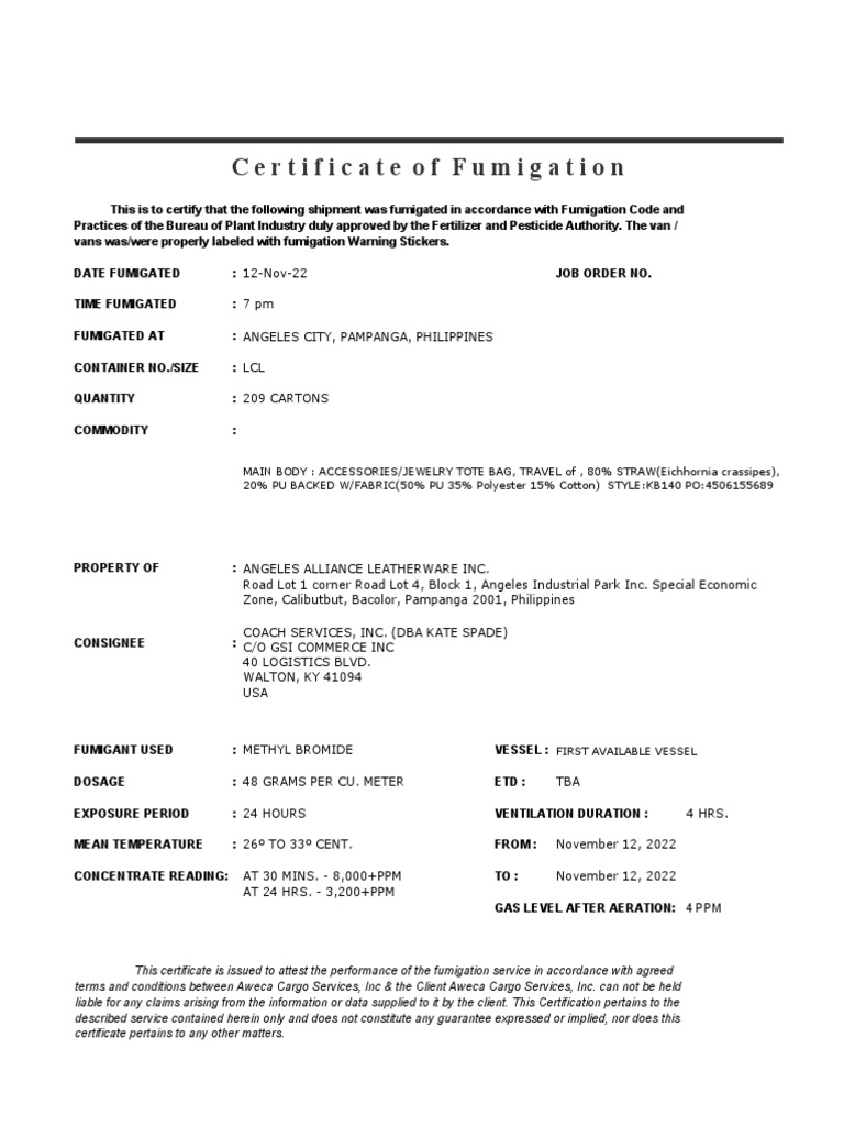 Fumigation Certificate for Shipment | PDF