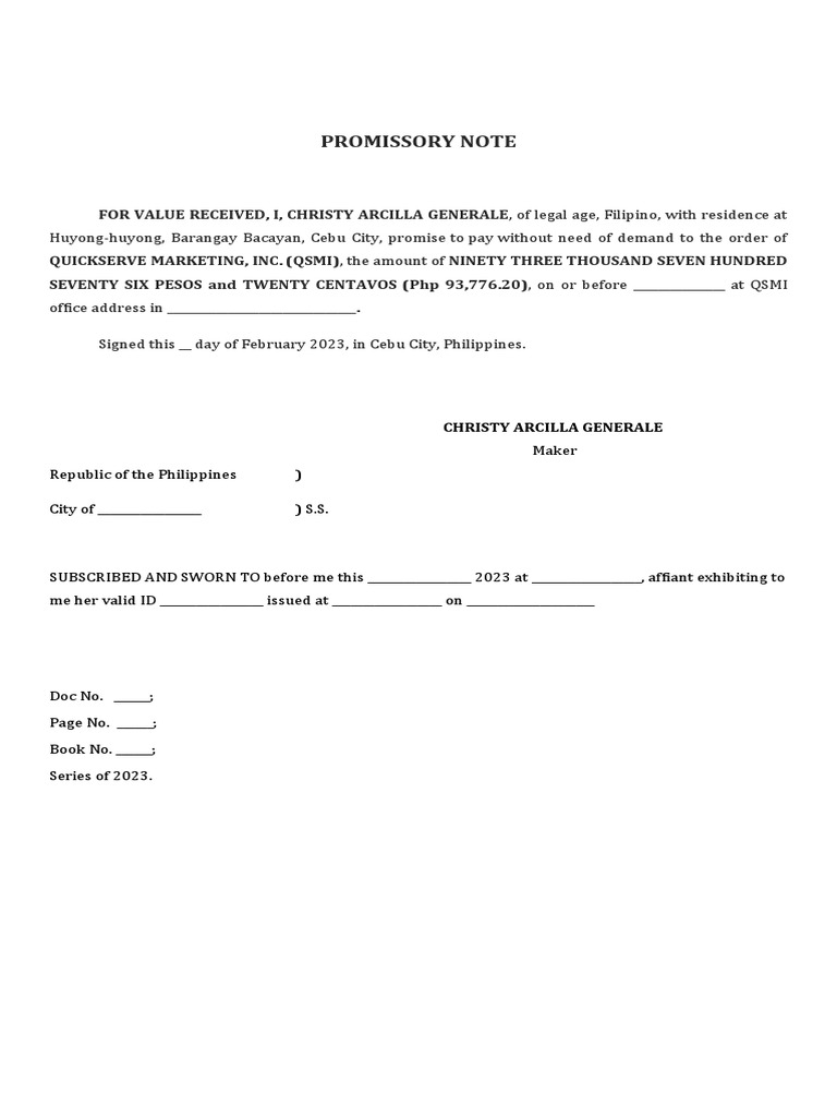 Cebu City Promissory Note Template | PDF