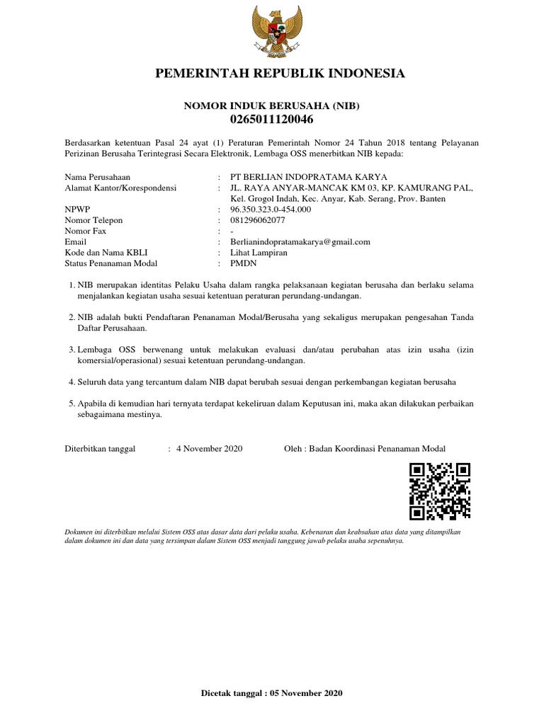 Nomor Induk Berusaha (NIB) PT Berlian | PDF
