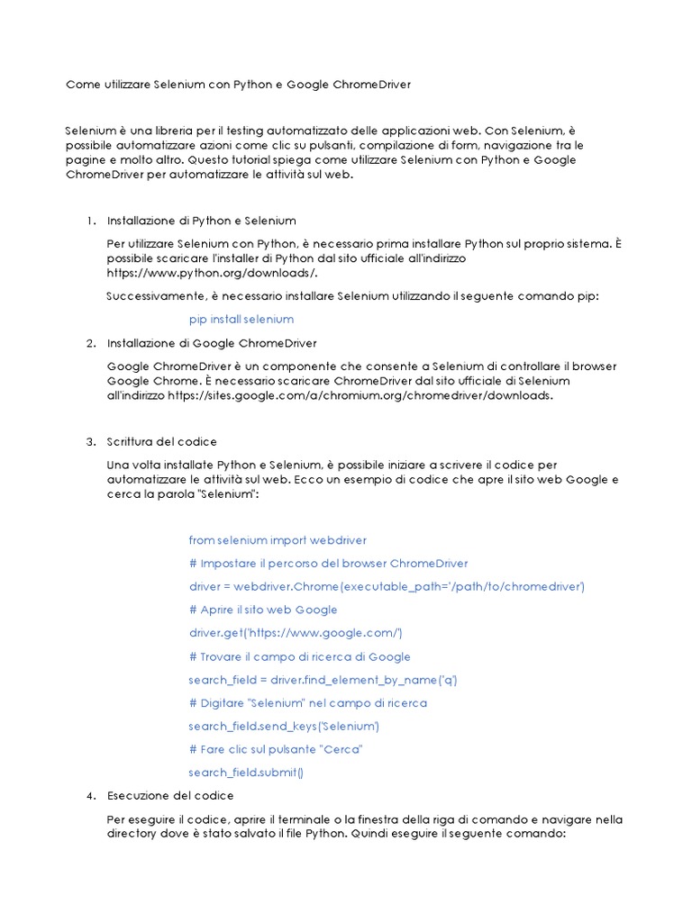 Come Utilizzare Selenium Con Python e Google ChromeDriver | PDF