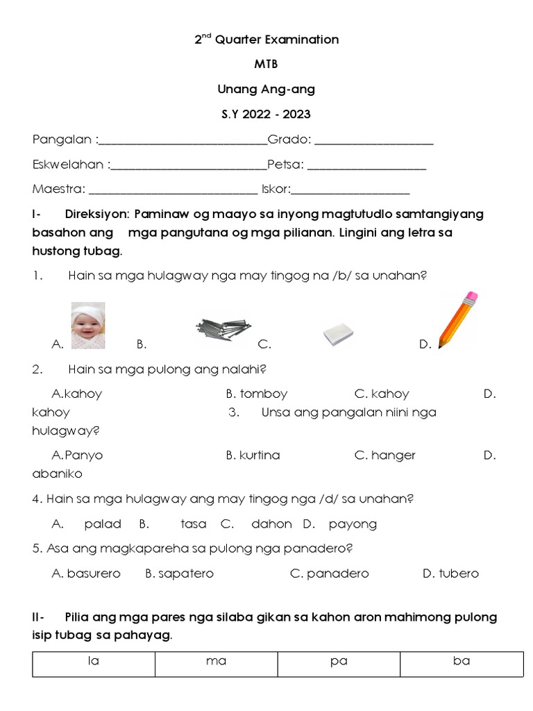 Grade 1 & 3 2nd Quarter Examination and TOS PDF