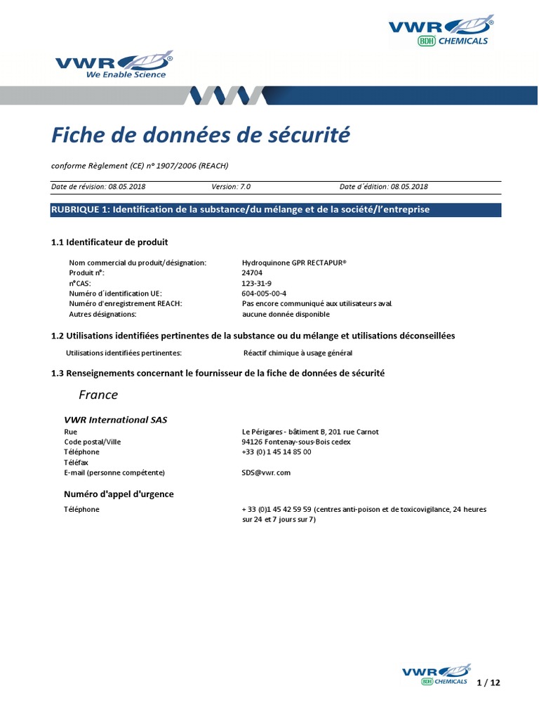 ANNEXE 1 FDS TMP0124 Hydroquinone Rectapur (2018) | PDF | Substances ...