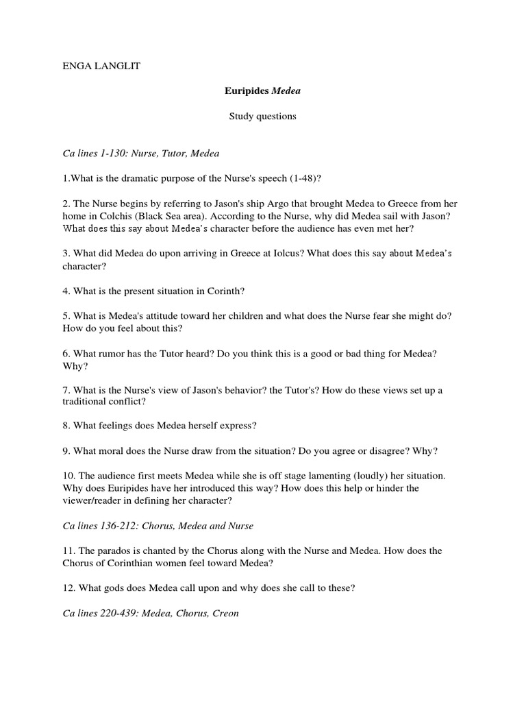 Euripides Medea Study Questions LANLIT ENGA | PDF | Social Science
