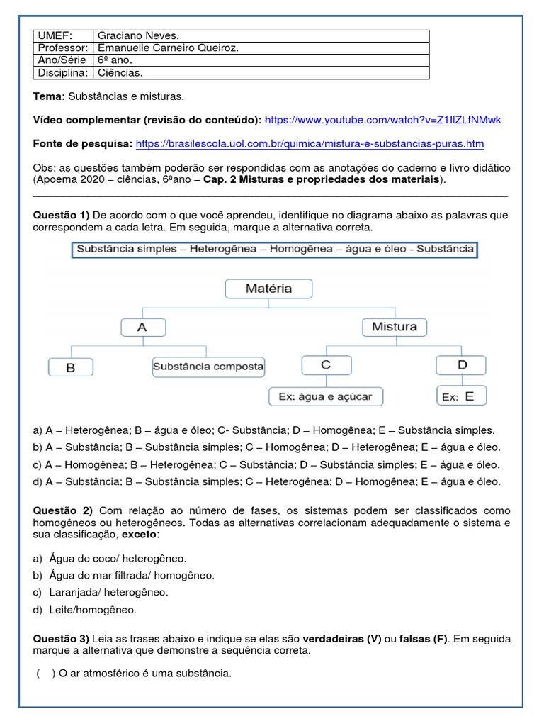 Atividades sobre Substâncias e Misturas 6º Ano | PDF | Mistura ...