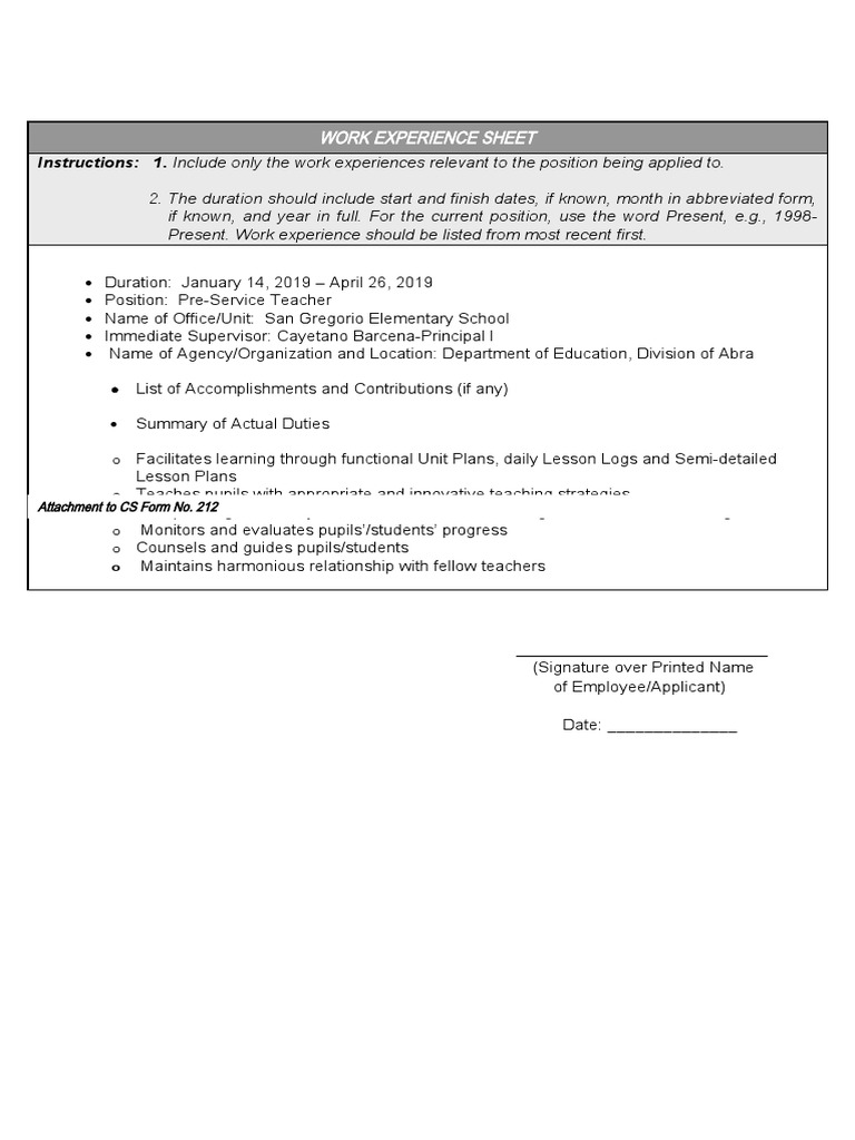Cs Form No. 212 Attachment Work Experience Sheet PDF