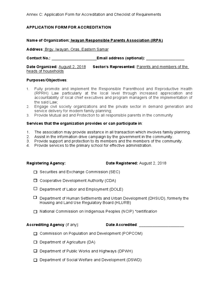 Annex C Application Form and Checklist of Requirements PDF Welfare