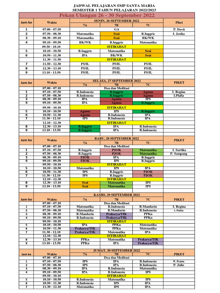 Jadwal Pekan Ulangan Kelas 7 | PDF