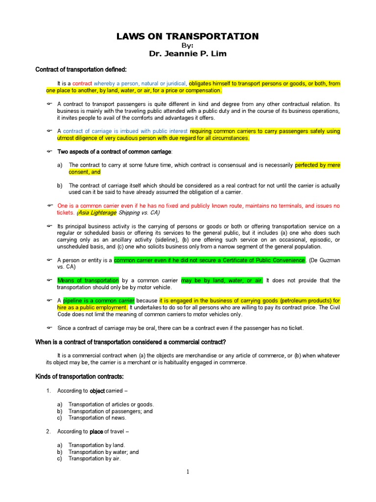 Laws On Transportation PDF Legal Liability Common Carrier