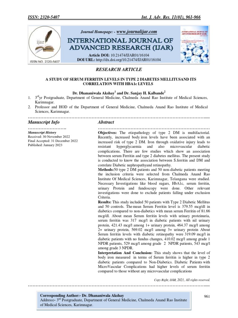 Serum Ferritin in Type 2 Diabetes | PDF | Glycated Hemoglobin | Hemoglobin