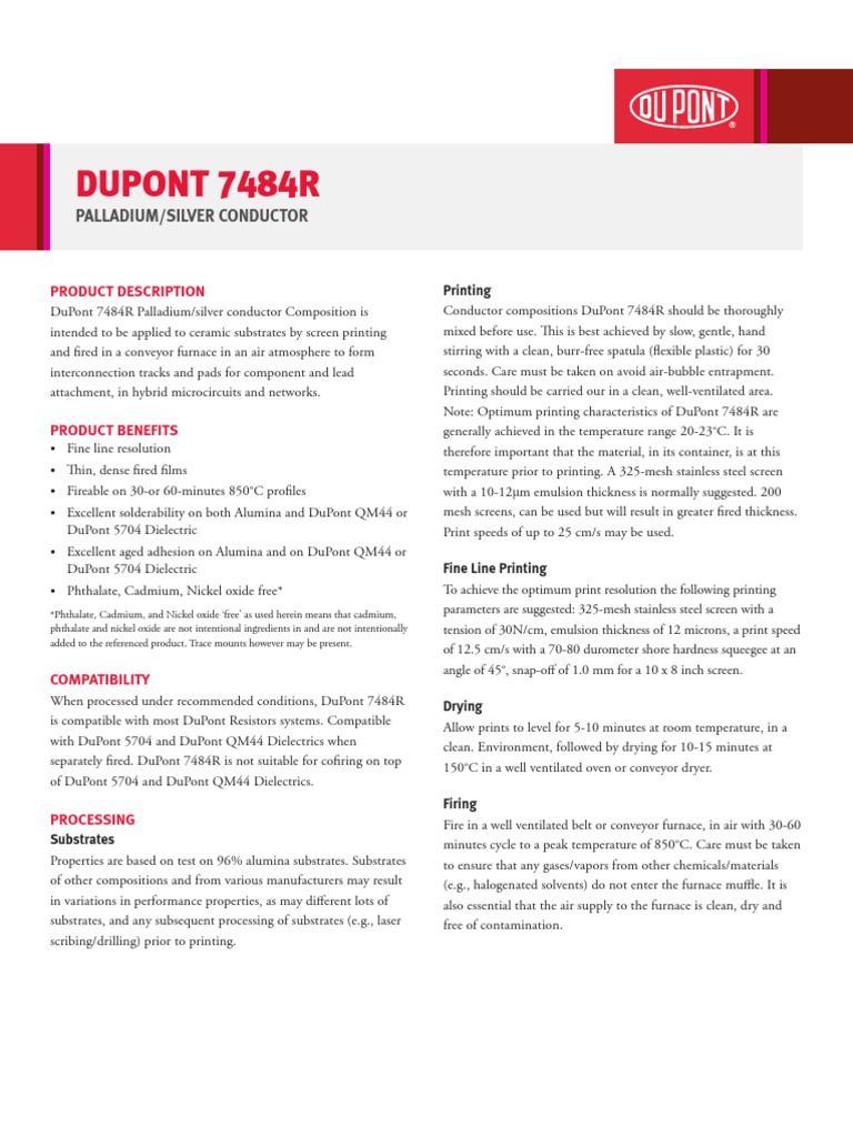 Dupont 7484R Silver Palladium | PDF | Solder | Aluminium Oxide