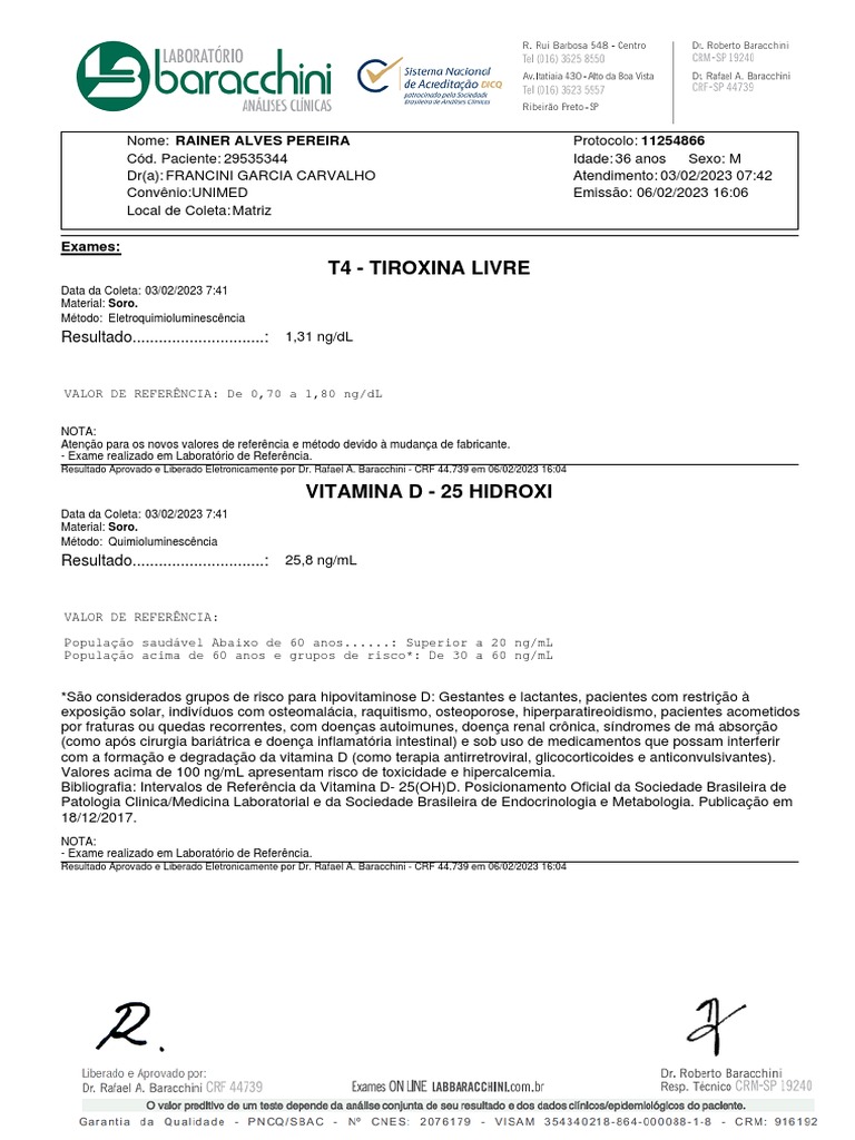 T4 - Tiroxina Livre: Rainer Alves Pereira | PDF | Vitamina D | Colesterol