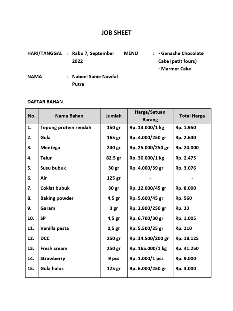 Contoh Jobsheet Tata Boga Praktik | PDF