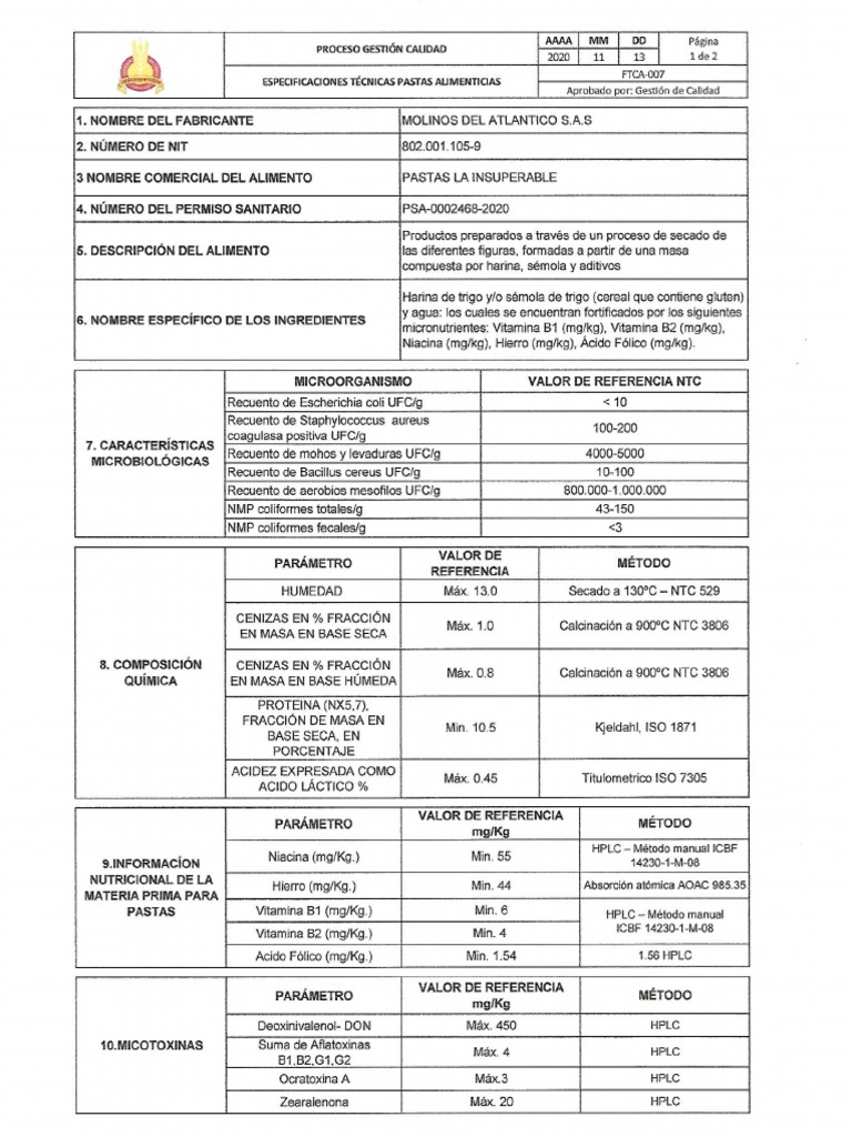 Ficha Tecnica Pasta La Insuperable PDF