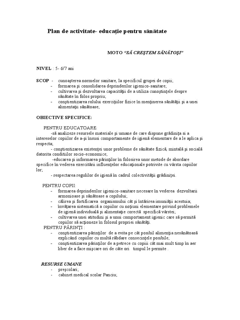 Plan Educatie PT Sanatate Gradinite | PDF