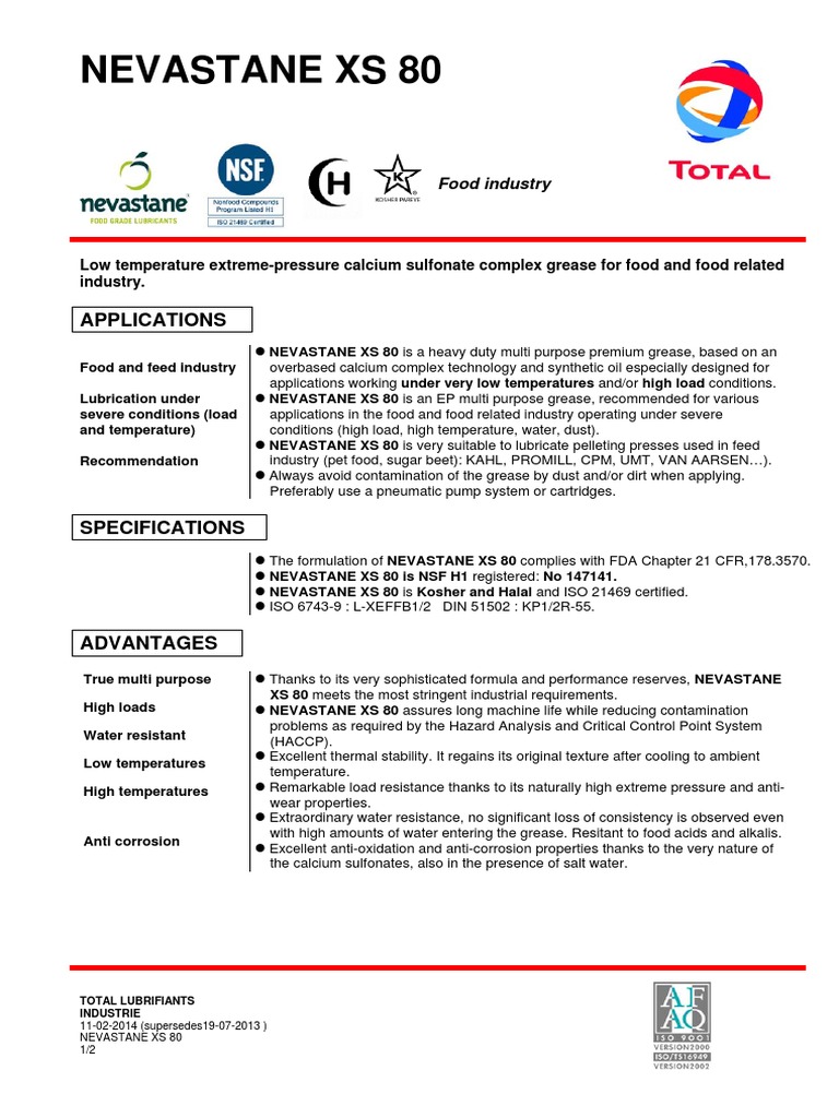Total Nevastane Xs 80 Food Grade Grease PDF Materials Chemistry
