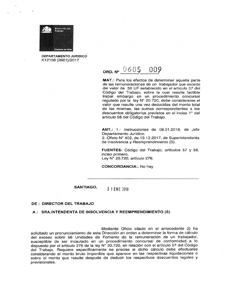 Ord #0605-009 - Remuneraciones Exceso 56 Uf Embargable Calculo para ...