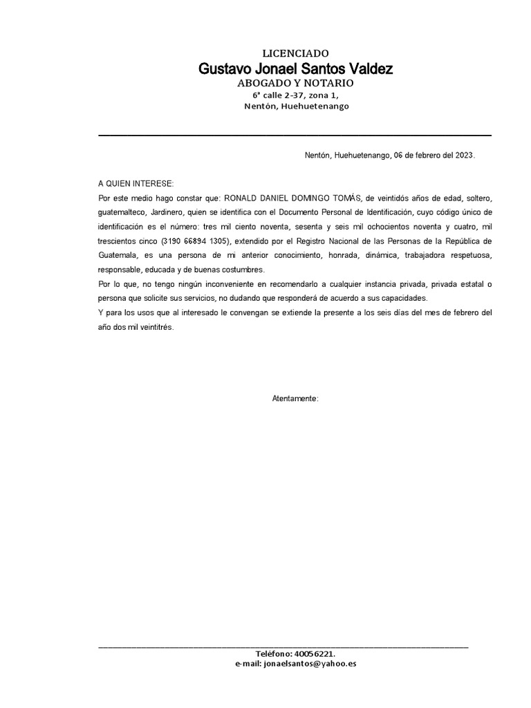 Recomendación de Ronald Daniel Tomás | PDF